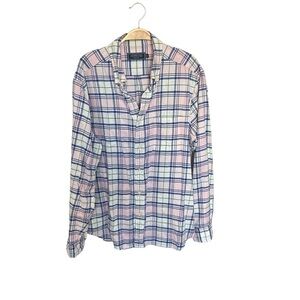 Vineyard Vines Linen Blend Plaid Button Down in Pink/Blue Size L